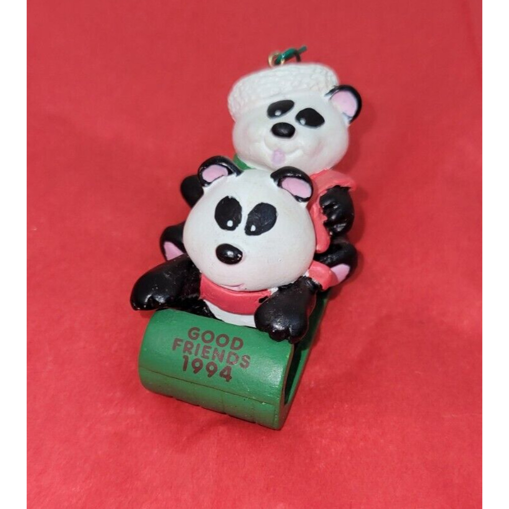 American Greeting Cards 1994 Good Friends Panda Bear Sledding Christmas Ornament
